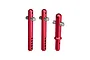 Three red anodized aluminium RC body posts with silver metal pins, arranged vertically against a white background.