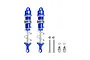 Two blue GPM Racing aluminium RC shock absorbers with silver springs and included mounting hardware on a white background.