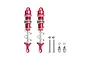 Two red GPM aluminium RC shock absorbers with double springs, accompanied by mounting screws, nuts, and ball ends on a white background.