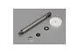 A Losi RC shock shaft, white plastic piston, two small washers, and a nut arranged on a grey surface.
