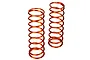 Two orange metal coil springs for RC car shock absorbers standing upright on a white background.