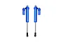 Two blue anodized aluminium RC car shock absorbers with piggyback reservoirs, standing vertically against a white background.
