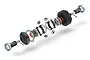 Exploded view of an XRAY Active Differential Set showing all internal gears, housing, bearings, and seals arranged in a line.
