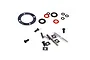 A collection of differential rebuild parts including a paper gasket, O-rings, metal washers, screws, pins, and square metal spacers on a white background.