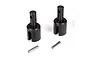 Two black metal RC differential outdrives with two small silver metal pins on a white background.