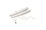 A set of white foam RC plane floats with metal landing gear struts, mounting hardware, and wiring, isolated on a white background.