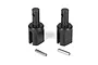 Two black metal RC centre differential outdrives with two small silver metal pins placed on a white background.