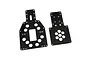 Two black carbon fiber RC chassis plates with hexagonal cutouts and various mounting holes on a white background.