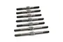 A set of seven silver-coloured metal turnbuckles arranged in a row against a white background.