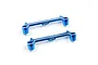 Two blue anodized aluminium battery mount bars for RC cars, featuring the Yeah Racing logo, isolated on a white background.