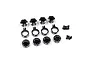 A set of black aluminium RC shock parts including spring retainers, collars, and small screws on a white background.