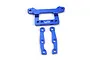 A set of dark blue anodized aluminium RC body mount parts, including one main bracket and two vertical support arms, isolated on a white background.