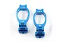 A pair of blue anodized aluminium steering hub carriers for RC cars, marked L4 and R4 with the Yeah Racing logo.