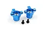 Two blue anodized aluminium steering hubs for RC cars with two small black screws on a white background.