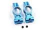 A pair of blue anodized aluminium rear hubs for an RC car by Yeah Racing, shown with two small black grub screws on a white background.