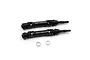 Two black Yeah Racing steel CVD driveshafts with two silver metal washers on a white background.
