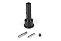 A black metal stub axle component for an RC car, accompanied by two metal pins and a small grub screw on a white background.