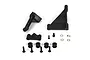 Losi 5IVE-T fuel tank mount set including black plastic brackets, rubber grommets, metal screws, and washers on a white background.