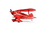 A studio shot of the E-Flite Pitts S-1S RC biplane in bright red with white trim, shown from a side-angle view against a white background.