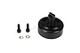 A black RC clutch bell with two mounting screws and two split washers on a white background.