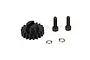 A black metal 19T pinion gear with two black screws and two small metal washers on a white background.