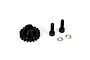 A black metal 18T pinion gear with two black socket head screws and two split washers on a white background.