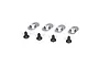 Four silver oval metal engine mount inserts and four black flat-head screws arranged on a white background.