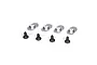Four silver oval engine mount inserts and four black flat-head screws arranged on a white background.