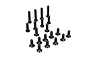 A collection of black metal screws for Losi 5IVE-T RC vehicle, including button head and countersunk head types, arranged on a white background.