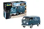 Revell 1/16 scale VW T1 Panel Van model kit box and a fully assembled blue model van on a white background.