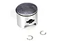 A metal RC engine piston with a ring installed and two small wire circlips placed on a white background.