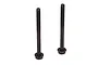 Two black metal washer head screws standing upright on a white background.