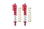Two red GPM Racing aluminium piggyback shock absorbers with silver springs and two additional gold-coloured springs on a white background.