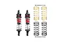 Two GPM Racing aluminium adjustable shock absorbers with red and black components, plus two sets of spare springs in gold and black.
