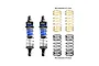 Two GPM Racing adjustable blue and black aluminium RC shock absorbers with two sets of spare springs in gold and black.