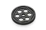 A black plastic 64T spur gear for an RC car, viewed from an angle against a white background.