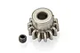 A 14-tooth steel pinion gear for RC vehicles, shown with its accompanying grub screw on a white background.