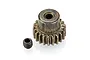 A metal 21-tooth RC pinion gear with a small grub screw placed next to it on a white background.
