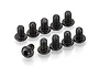 A set of ten black metal button head screws with hex sockets, arranged on a white background.