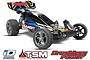 Traxxas Bandit VXL 1/10 scale RC buggy with blue, white, and orange body graphics, shown with iD, TSM, and Brushless Power logos below.