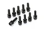 A collection of ten black metal cap head screws with washers arranged on a white background.