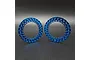 Two blue anodized aluminum 1.9 inch beadlock rings for RC crawler wheels, shown against a dark background.