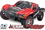 Traxxas Slash Ultimate 4WD short course RC truck in red with black graphics, shown with iD, TSM, and Brushless Power logos below.