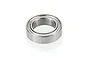 A single silver-coloured metal ball bearing isolated on a white background.