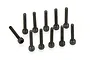 A set of ten black metal cap head screws arranged on a white background.