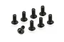 Eight black metal button head screws with hex drive sockets arranged on a white background.