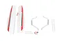 A set of white and red RC plane floats with metal mounting struts, plastic rods, and a small bag of screws on a white background.