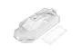 A clear, unpainted XRAY 1/10 scale RC buggy body shell with a separate sheet of window masks on a white background.