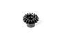 A black steel 16-tooth bevel drive gear for RC cars, shown from a top-down angle against a white background.