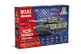 Italeri 1/35 scale M1A1 Abrams tank plastic model kit box featuring War Thunder special bonus branding and US flag background.